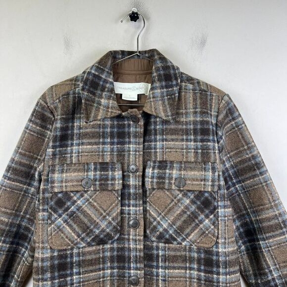 Nordstrom Treasure & Bond Plaid Tartan Shirt Brown Blue Button Shacket Size S - Picture 3 of 8